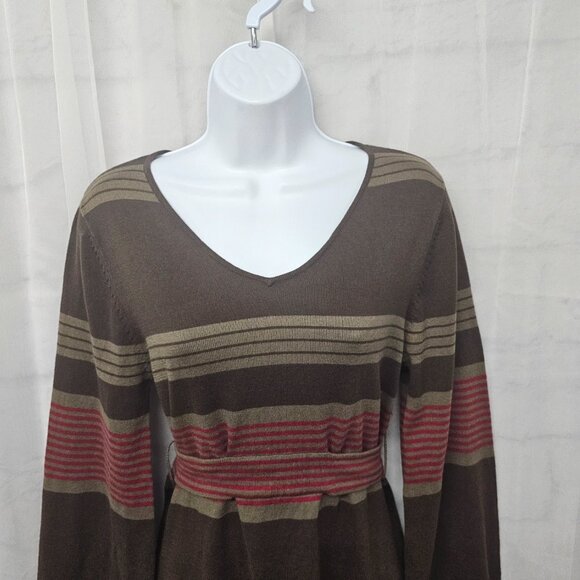Prana Brown Red Striped Knit Dress Belted Boho Festival Hippie M - Picture 2 of 13